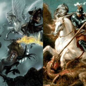 À esquerda, Belerofonte e a Quimera. À direita, São Jorge e o Dragão.